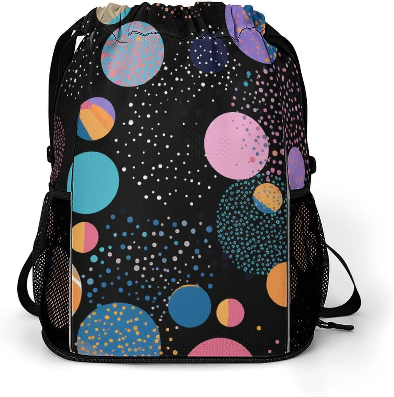 Large Sports Drawstring Backpack Blue And Black Circles Printed with Dry-Wet Separation | Digital Print Gym Sack | Waterproof Fabric | Shoe Compartment & PVC Pocket | Hydration Mesh for Fitness, Trave