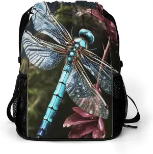 Large Sports Drawstring Backpack Blue Dragonfly Printed with Dry-Wet Separation | Digital Print Gym Sack | Waterproof Fabric | Shoe Compartment & PVC Pocket | Hydration Mesh for Fitness, Travel, Work