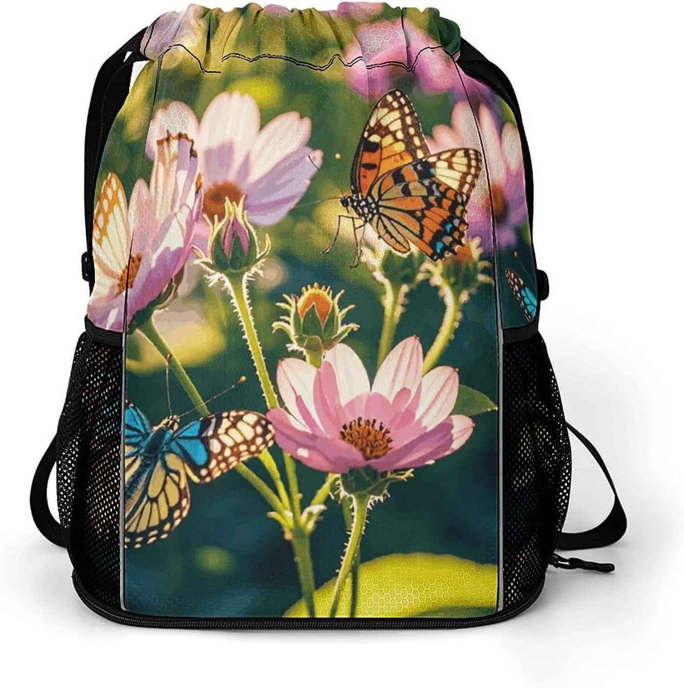Large Sports Drawstring Backpack Butterflies And Blooms Printed with Dry-Wet Separation | Digital Print Gym Sack | Waterproof Fabric | Shoe Compartment & PVC Pocket | Hydration Mesh for Fitness, Trave