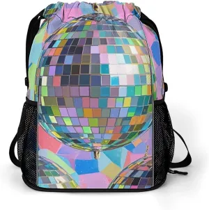 Large Sports Drawstring Backpack Disco Ball Pattern Printed with Dry-Wet Separation | Digital Print Gym Sack | Waterproof Fabric | Shoe Compartment & PVC Pocket | Hydration Mesh for Fitness, Travel, W