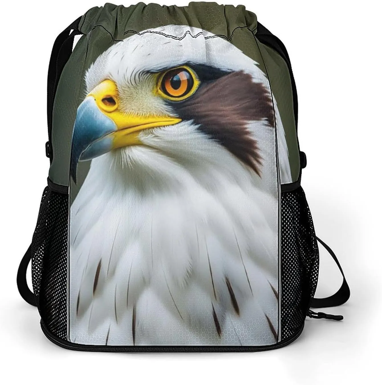 Large Sports Drawstring Backpack Spear Falcon, White Eagle Printed with Dry-Wet Separation | Digital Print Gym Sack | Waterproof Fabric | Shoe Compartment & PVC Pocket | Hydration Mesh for Fitness, Tr
