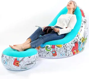 Lazy Sofa, Inflatable Sofa, Family Inflatable Lounge Chair, Graffiti Pattern Flocking Sofa, with Inflatable Foot Cushion, Suitable for Home Rest or Office Rest, Outdoor Folding Sofa Chair (Blue)