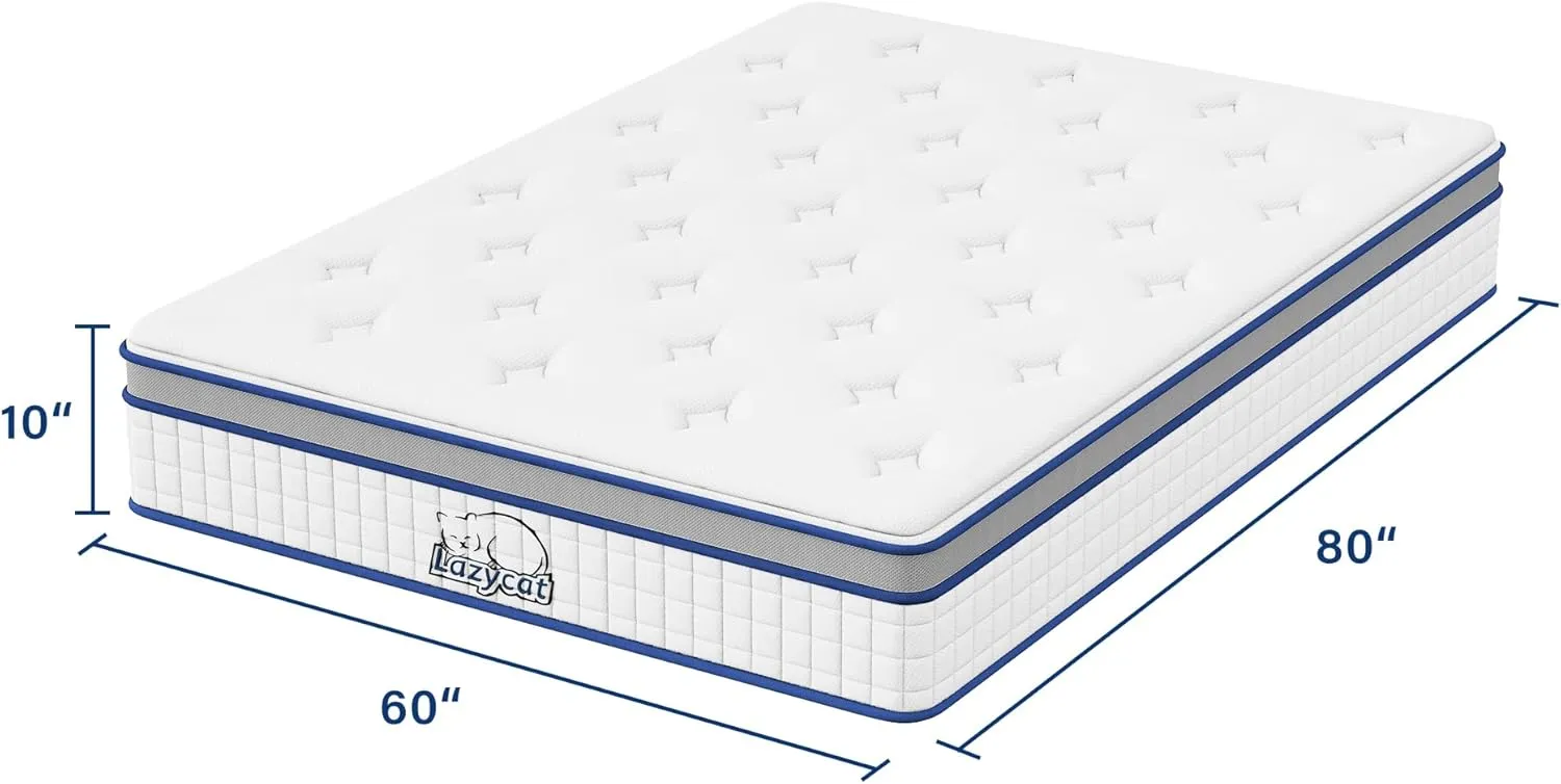LAZYCAT Queen Mattress, 10 Inch Queen Size Hybrid Mattress in a Box, Gel Memory Foam with Individually Encased Pocket Coil, Medium Firm Feel, Motion Isolation, Fiberglass Free
