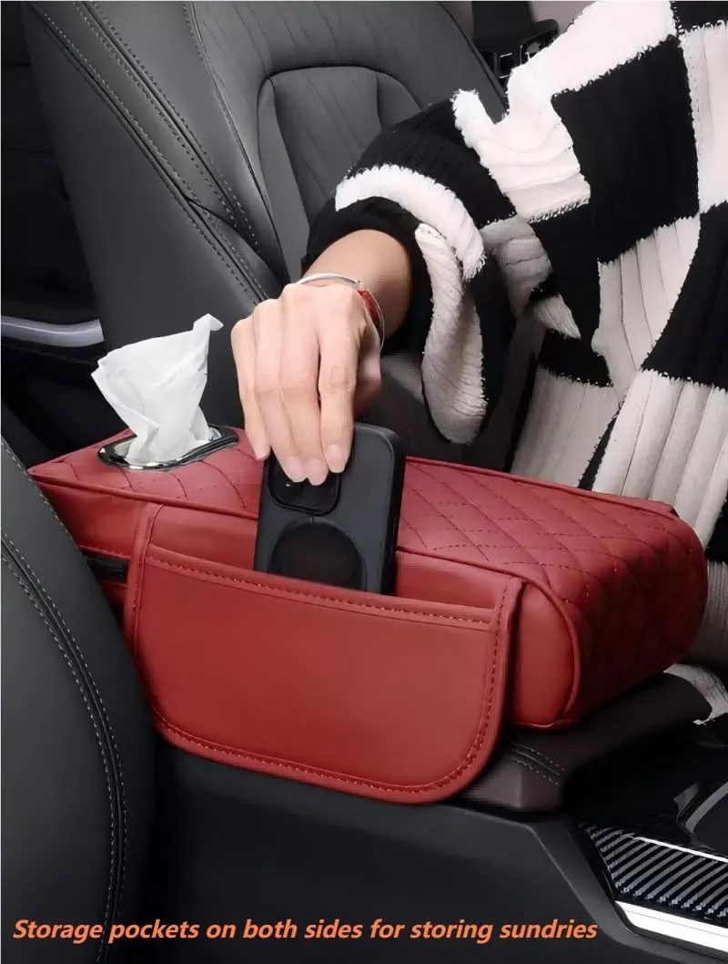 Leather Car Armrest Box Pad for Volkswagen VW Atlas (7-seater) 2018-2020 2021 2022 2023 2024 2025 ,Waterproof Soft Comfy Memory Foam Center Console Cover Side Storage Bag Tissue Box 3 IN 1 Protector