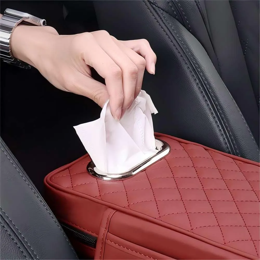 Leather Car Armrest Box Pad for Volkswagen VW Atlas (7-seater) 2018-2020 2021 2022 2023 2024 2025 ,Waterproof Soft Comfy Memory Foam Center Console Cover Side Storage Bag Tissue Box 3 IN 1 Protector