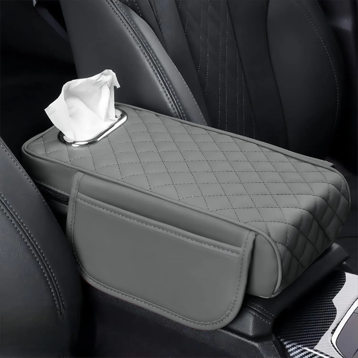 Leather Car Armrest Box Pad for Volkswagen VW Atlas (7-seater) 2018-2020 2021 2022 2023 2024 2025 ,Waterproof Soft Comfy Memory Foam Center Console Cover Side Storage Bag Tissue Box 3 IN 1 Protector