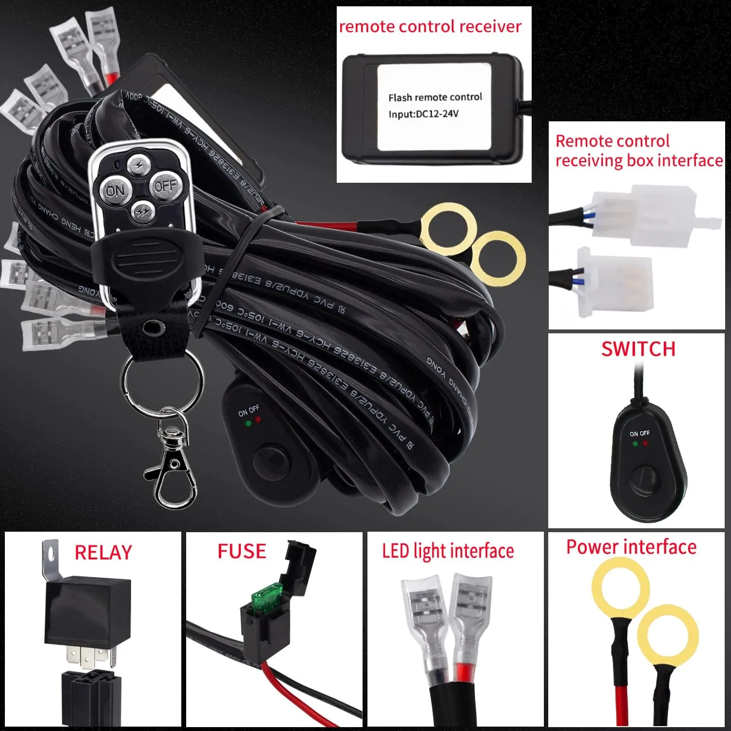 LED Lights Bar Remote Control Wiring Harness Kit 4 Leads DC12V On-Off Switch Power Relay Blade Fuse 14AWG Core Cable Wiring Harness Kit fit for LED Driving Lights Bar Work Auxiliary Lights