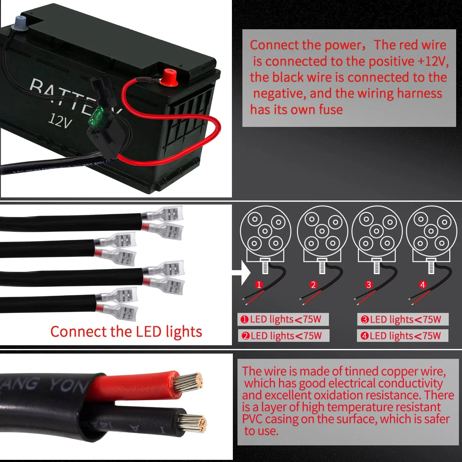 LED Lights Bar Remote Control Wiring Harness Kit 4 Leads DC12V On-Off Switch Power Relay Blade Fuse 14AWG Core Cable Wiring Harness Kit fit for LED Driving Lights Bar Work Auxiliary Lights