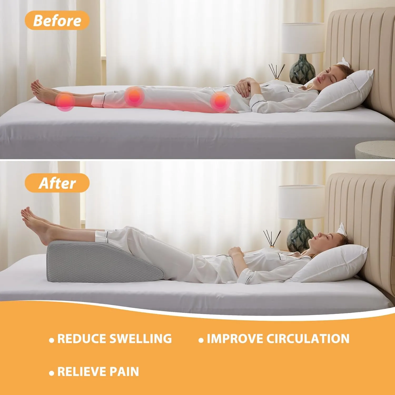 Leg Elevation Pillows, Leg Pillows for Sleeping, Cooling Gel Memory Foam Top, Wedge Pillow for Legs, Leg Wedges for Circulation, Swelling, After Surgery - Removable Cover (8 Inch, Grey)