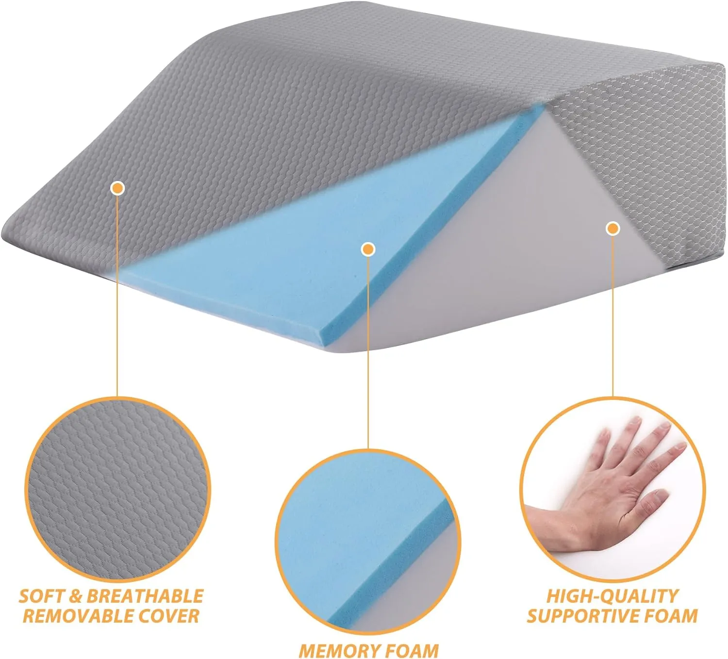 Leg Elevation Pillows, Leg Pillows for Sleeping, Cooling Gel Memory Foam Top, Wedge Pillow for Legs, Leg Wedges for Circulation, Swelling, After Surgery - Removable Cover (8 Inch, Grey)