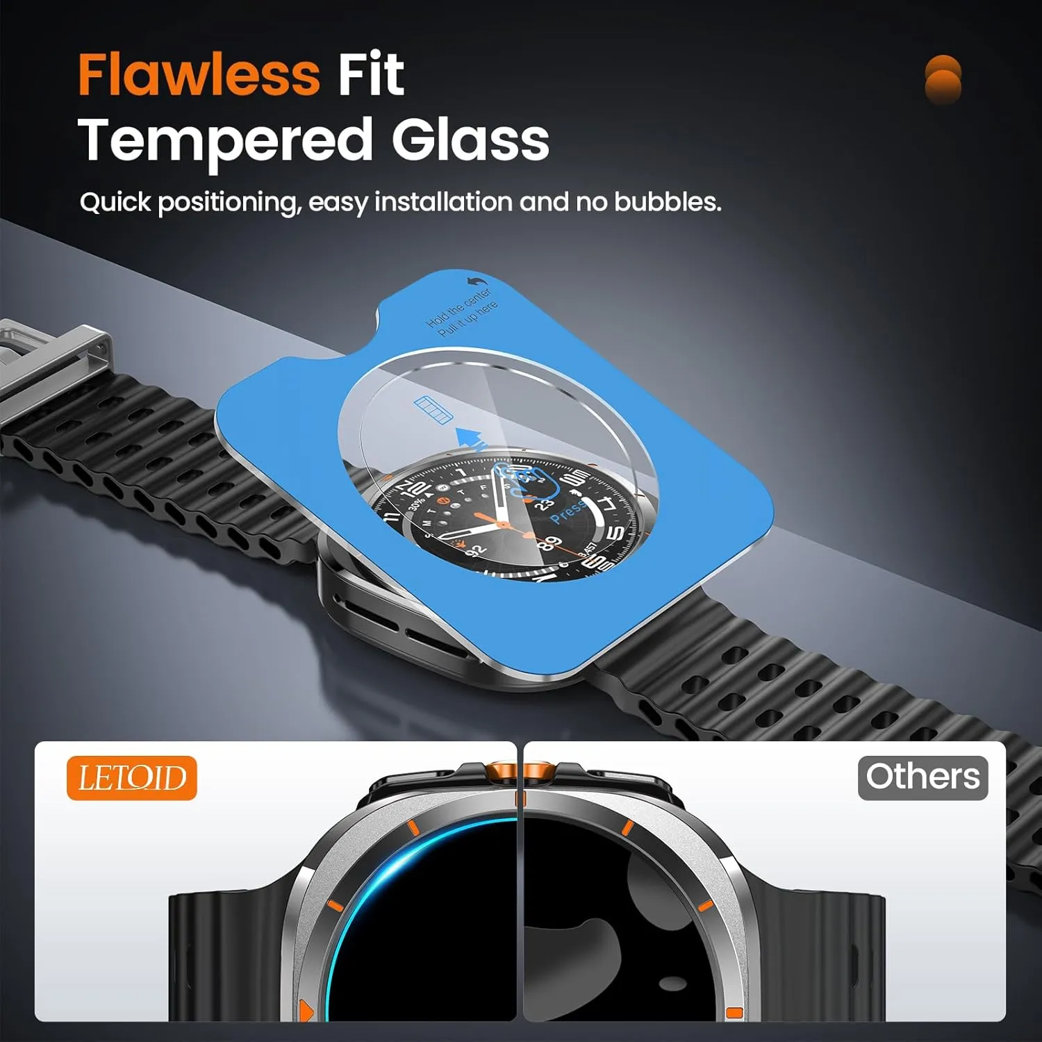 LETOID 3 in 1 Metal Case for Samsung Galaxy Watch Ultra Screen Protector 47mm, Stainless Steel Protective Bumper Face, Hard PC Back Cover and 9H Tempered Glass Film for Watch 7 Ultra - Black/Orange