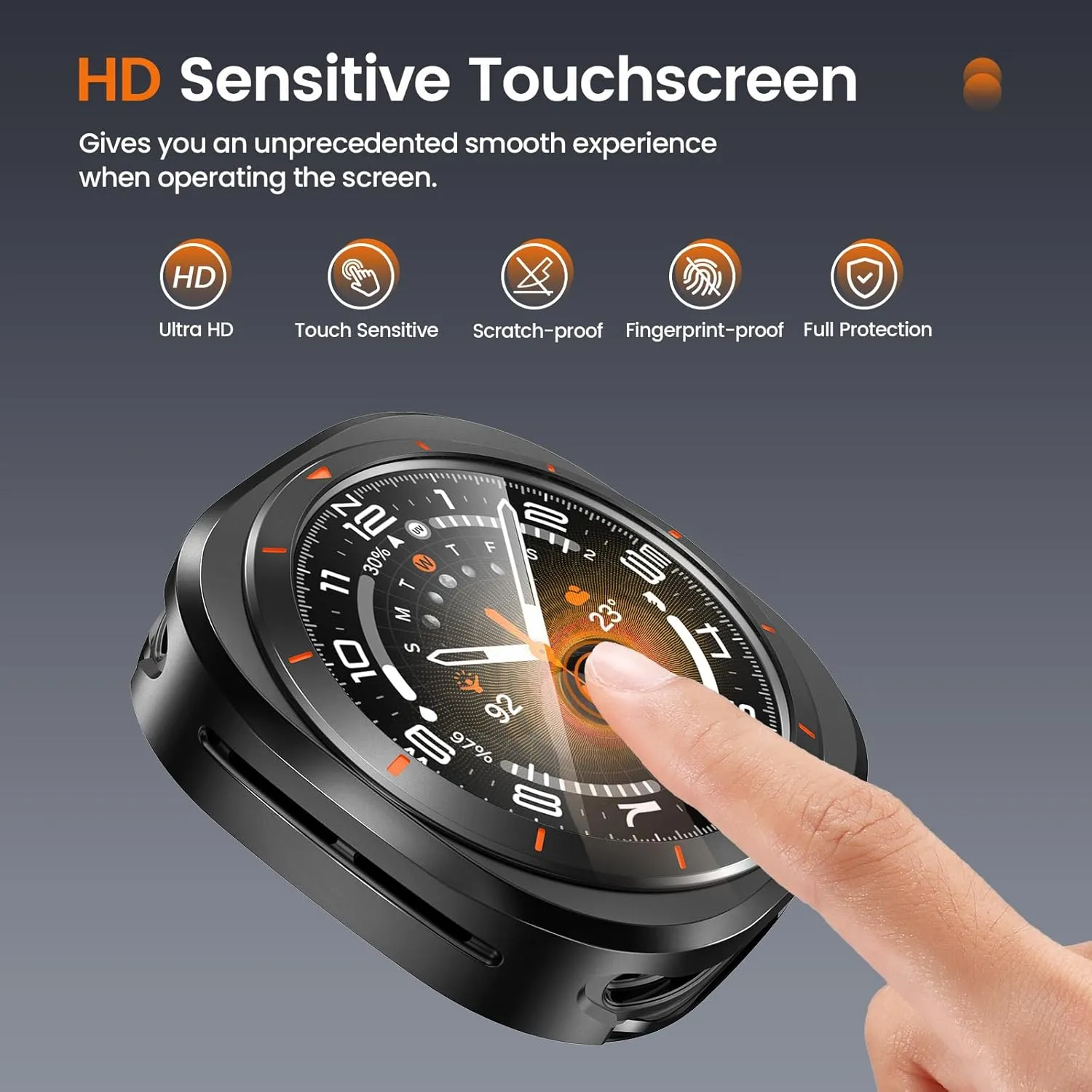 LETOID 3 in 1 Metal Case for Samsung Galaxy Watch Ultra Screen Protector 47mm, Stainless Steel Protective Bumper Face, Hard PC Back Cover and 9H Tempered Glass Film for Watch 7 Ultra - Black/Orange