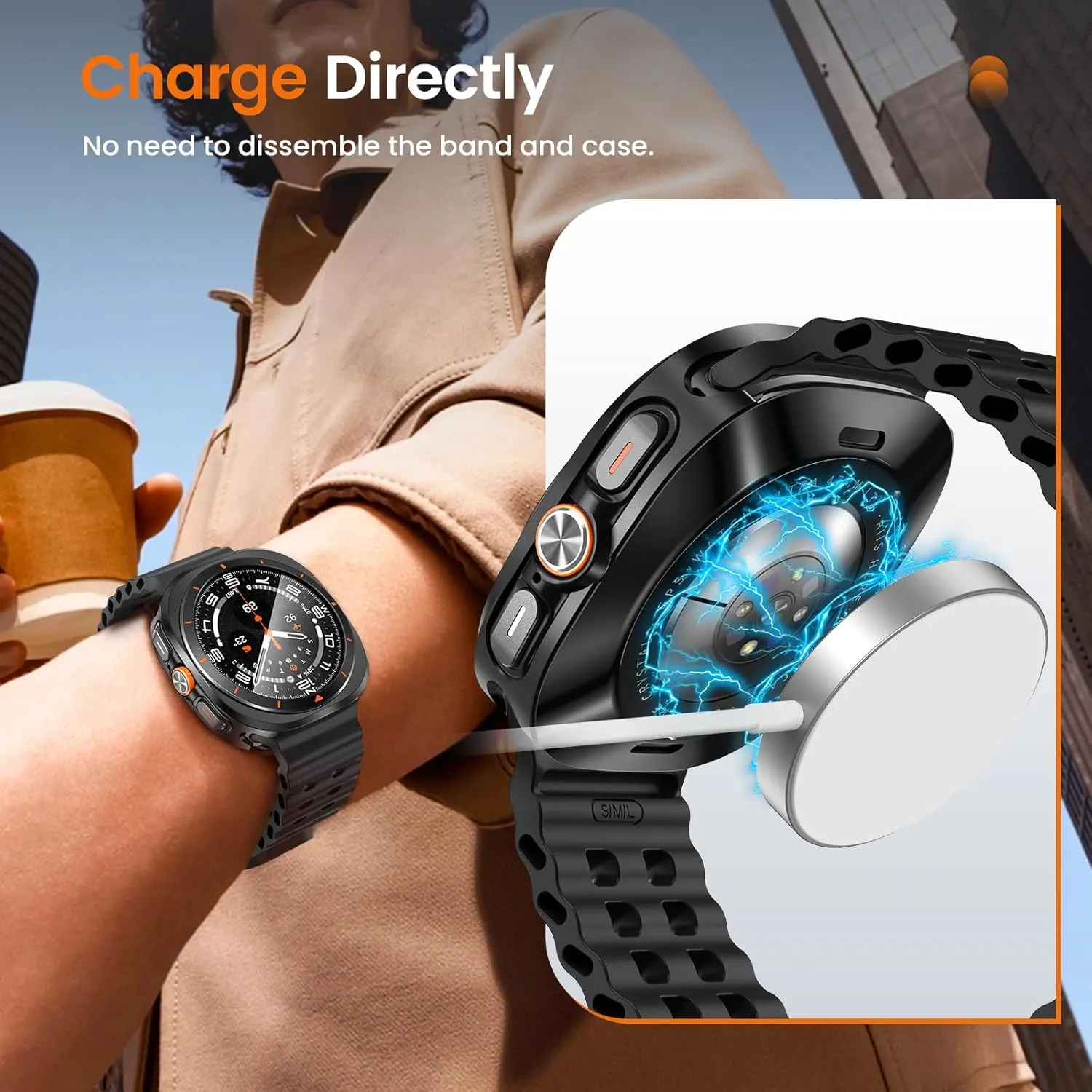 LETOID 3 in 1 Metal Case for Samsung Galaxy Watch Ultra Screen Protector 47mm, Stainless Steel Protective Bumper Face, Hard PC Back Cover and 9H Tempered Glass Film for Watch 7 Ultra - Black/Orange