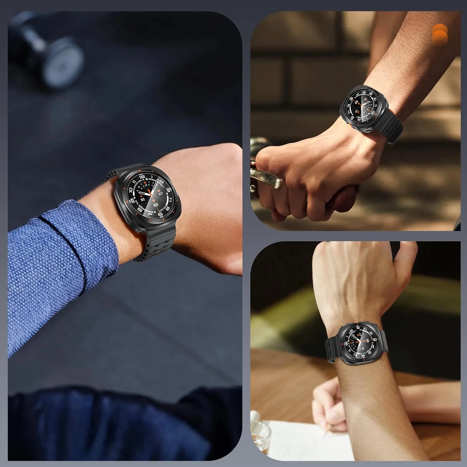 LETOID 3 in 1 Metal Case for Samsung Galaxy Watch Ultra Screen Protector 47mm, Stainless Steel Protective Bumper Face, Hard PC Back Cover and 9H Tempered Glass Film for Watch 7 Ultra - Black/Orange