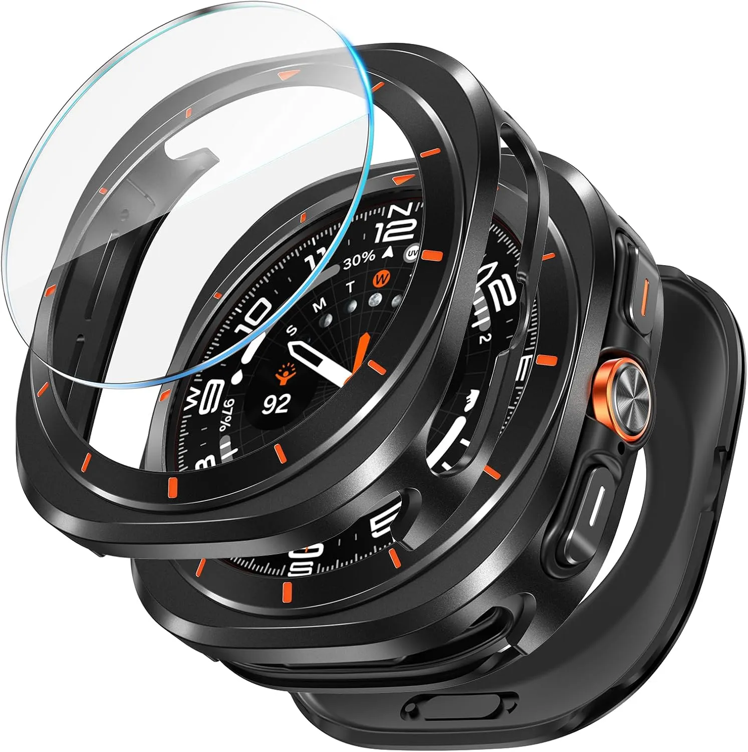 LETOID 3 in 1 Metal Case for Samsung Galaxy Watch Ultra Screen Protector 47mm, Stainless Steel Protective Bumper Face, Hard PC Back Cover and 9H Tempered Glass Film for Watch 7 Ultra - Black/Orange
