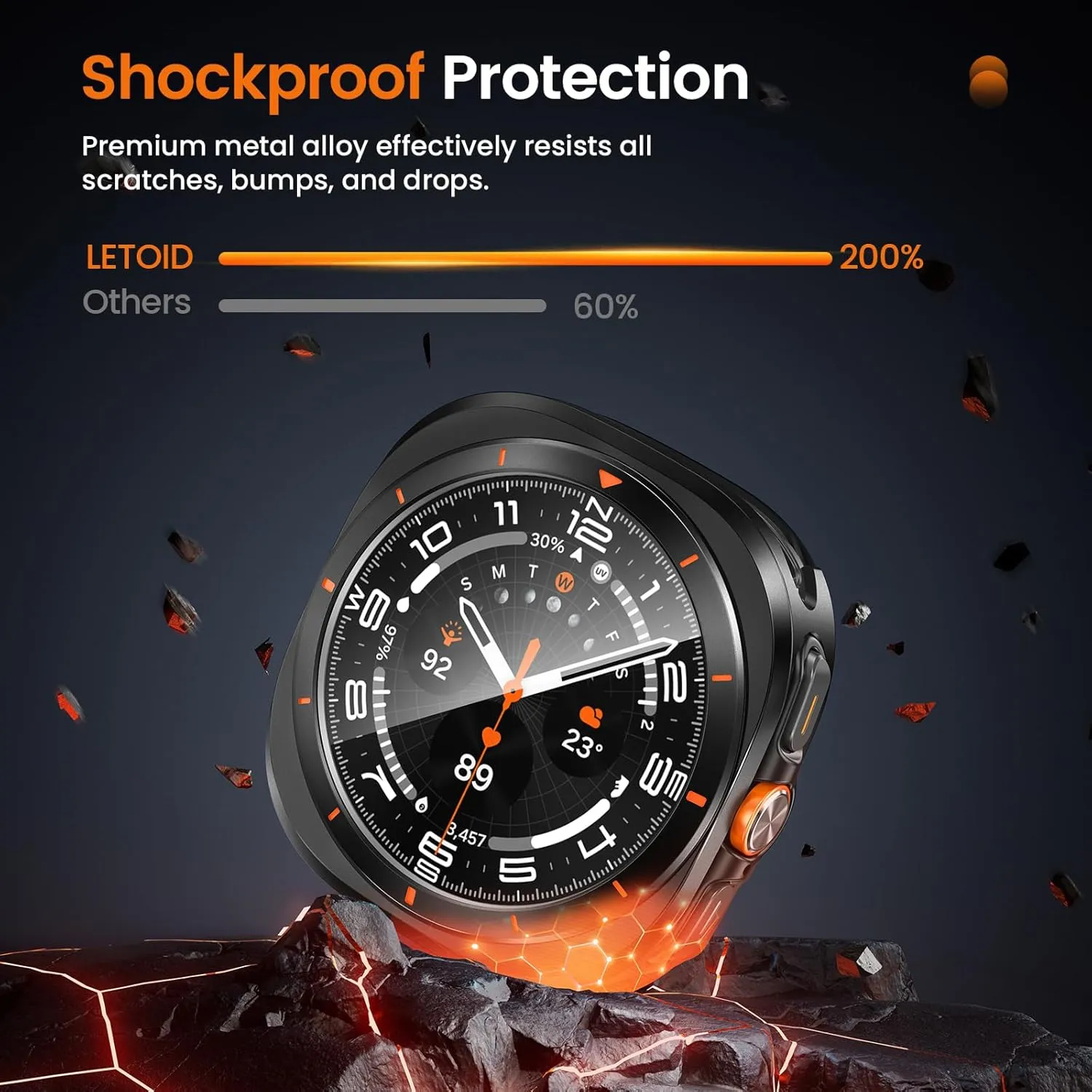 LETOID 3 in 1 Metal Case for Samsung Galaxy Watch Ultra Screen Protector 47mm, Stainless Steel Protective Bumper Face, Hard PC Back Cover and 9H Tempered Glass Film for Watch 7 Ultra - Black/Orange