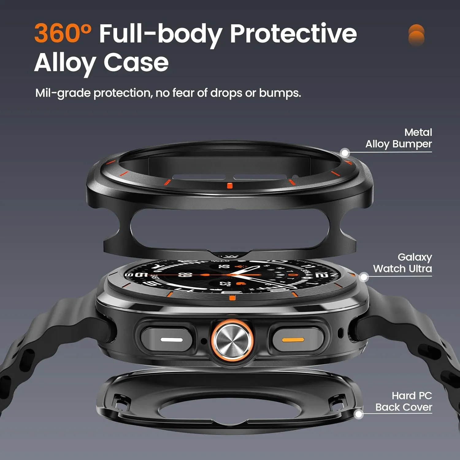 LETOID 3 in 1 Metal Case for Samsung Galaxy Watch Ultra Screen Protector 47mm, Stainless Steel Protective Bumper Face, Hard PC Back Cover and 9H Tempered Glass Film for Watch 7 Ultra - Black/Orange