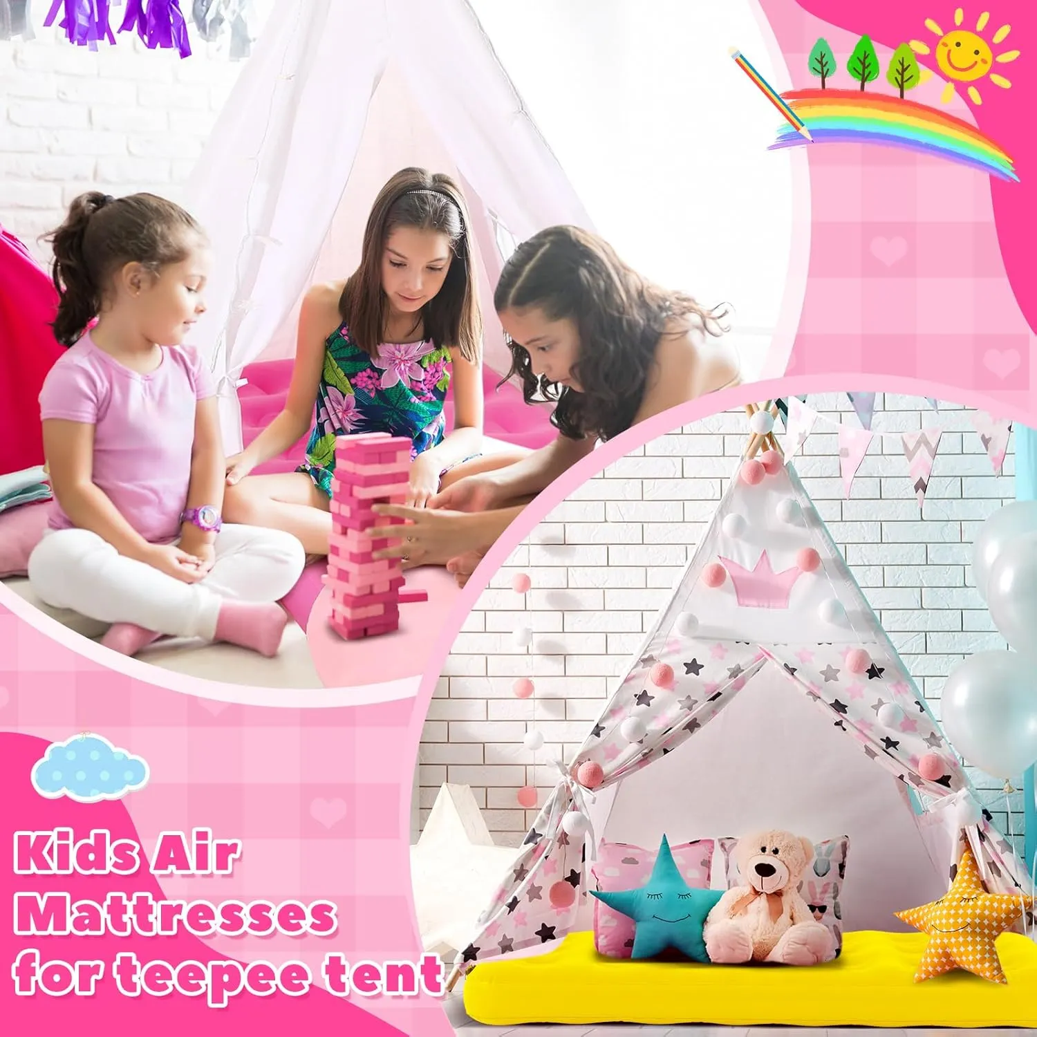 Leyndo 4 Pack Kids Air Mattress Bulk Toddler Inflatable Bed Blow up Camping Sleeping Pad 61.81 x 25.98 x 7.09 Inches Kid Inflatable Airbed for Aged 3-10 Years Old (Multicolor)
