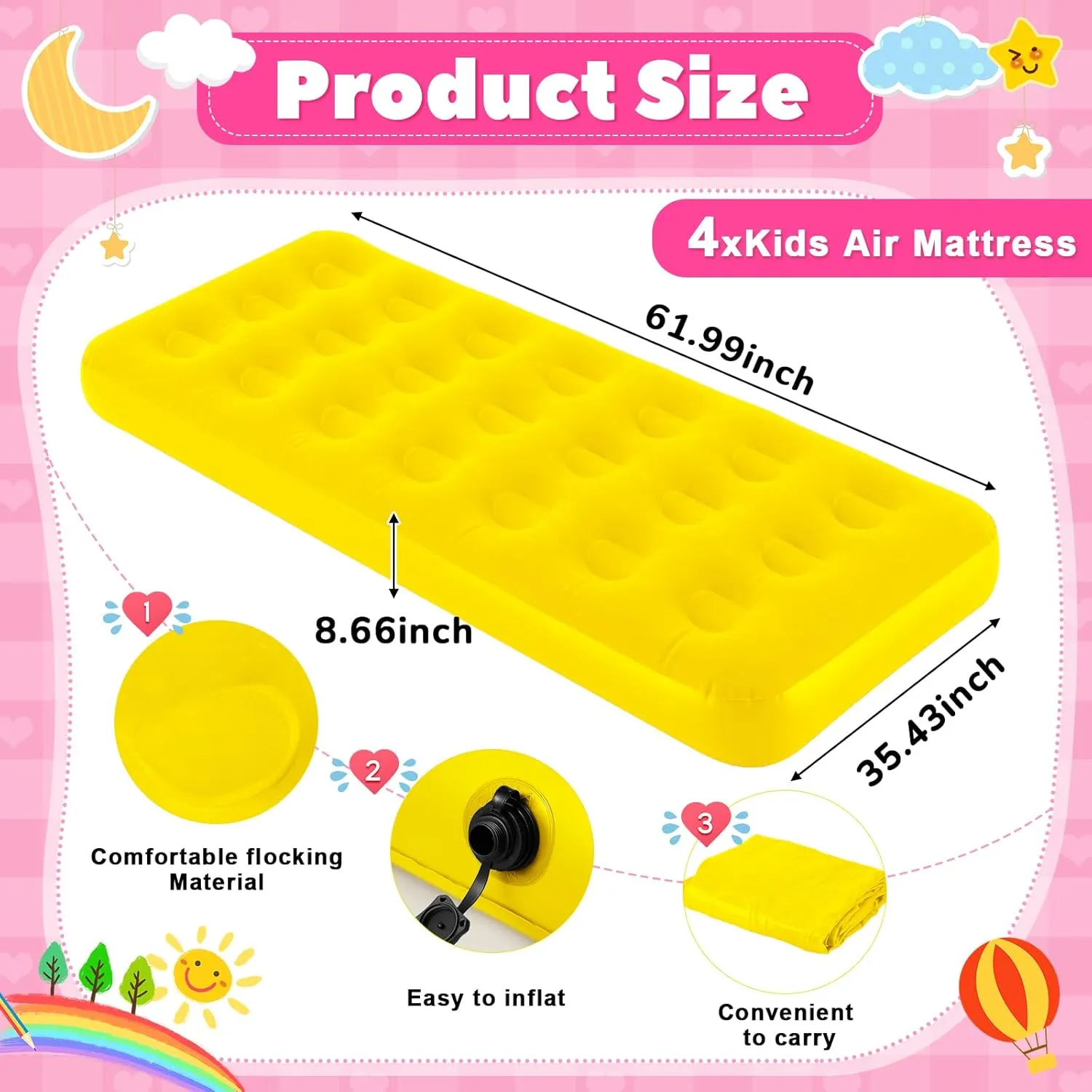 Leyndo 4 Pack Kids Air Mattress Bulk Toddler Inflatable Bed Blow up Camping Sleeping Pad 61.81 x 25.98 x 7.09 Inches Kid Inflatable Airbed for Aged 3-10 Years Old (Multicolor)