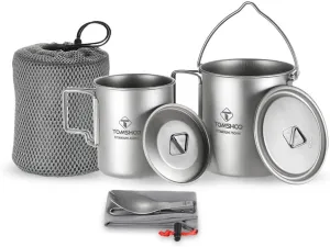 Lightweight Titanium 3 Pieces Set Titanium 750ml Pot 450ml Water Cup Mug with Lid Collapsible Handle Folding Spork for Outdoor Camping Hiking Backpacking