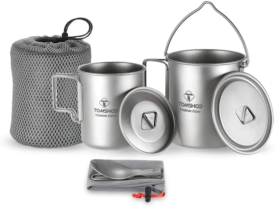 Lightweight Titanium 3 Pieces Set Titanium 750ml Pot 450ml Water Cup Mug with Lid Collapsible Handle Folding Spork for Outdoor Camping Hiking Backpacking