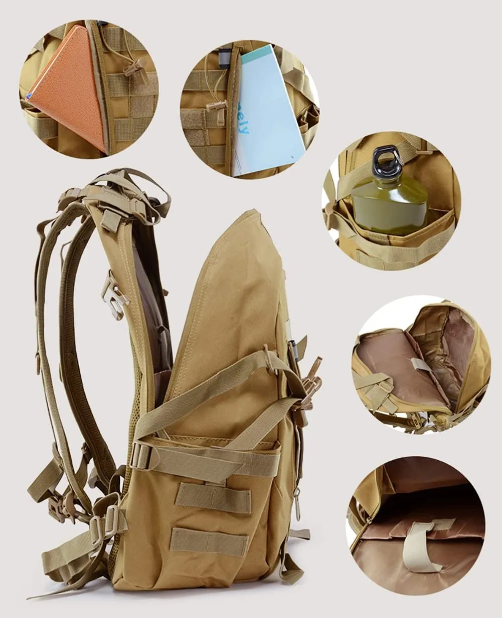 LIMHOO Tactical Motorcycle Backpack Military Molle Bag EDC Rucksack Hiking Daypacks for Cycling Camping Trekking Hunting Traveling with Reflective Straps (Khaki)