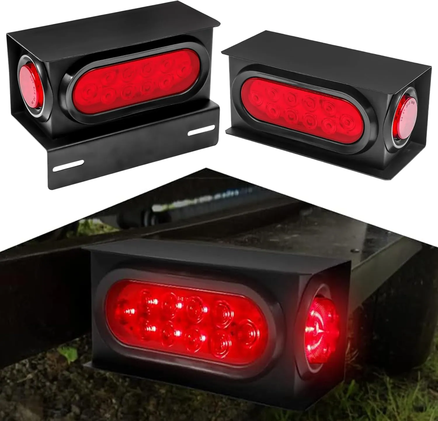 LIMICAR Trailer Lights Welded Mount Steel Boxes Housing Kit w/6 inch LED Oval Tail Lights & 2 inch LED Red Round Side Lights w/Grommets Wire Pigtails Connectors (Pack of 2)