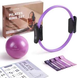 LIONSCOOL Pilates Ring Set – 14" Anti-Deformation Magic Circle with Padded Handles, Mini Ball, Resistance Bands, Guide & Bag