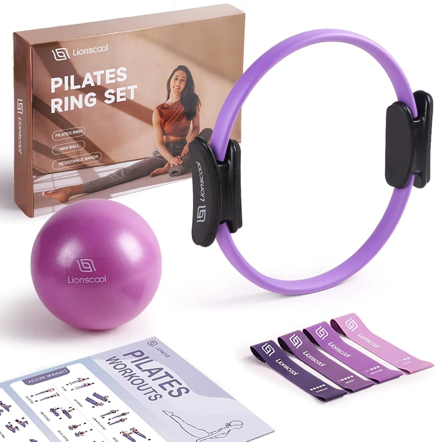 LIONSCOOL Pilates Ring Set – 14" Anti-Deformation Magic Circle with Padded Handles, Mini Ball, Resistance Bands, Guide & Bag