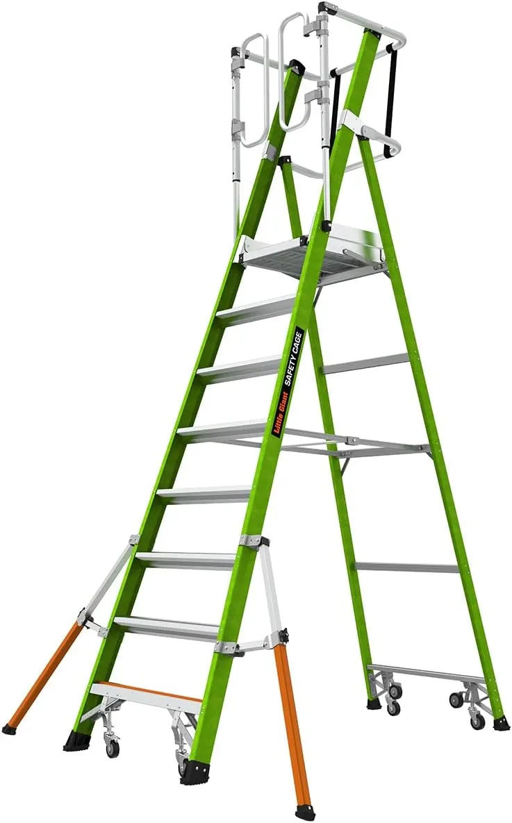 Little Giant Ladder Systems Safety Cage 2.0, M8, 8ft Enclosed Platform, Platform Ladder with Adjustable Outriggers, Fiberglass, Type 1AA, 375 lbs Weight Rating, (19708-146)