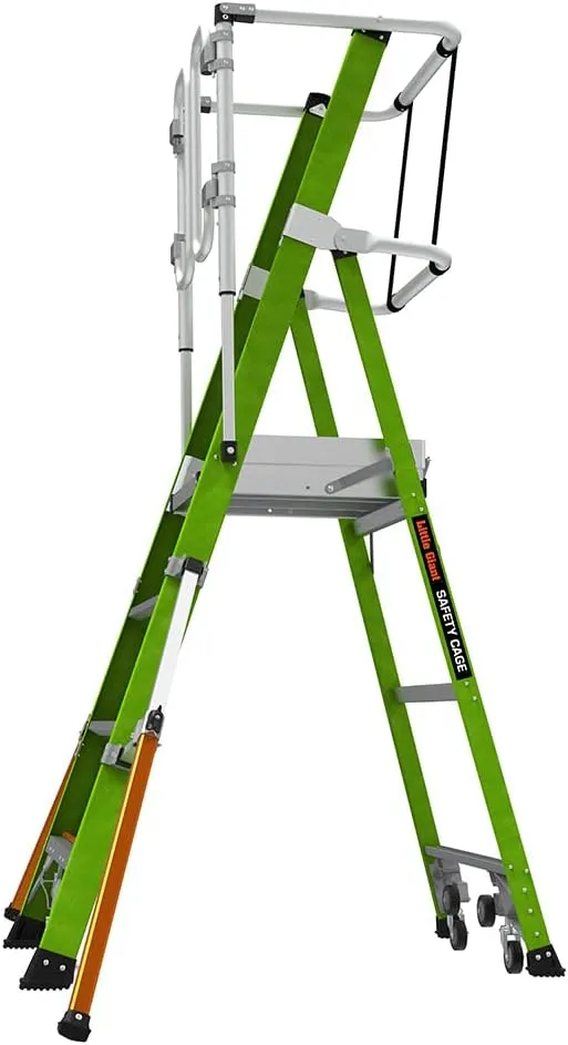 Little Giant Ladders Little Giant Ladder Systems Safety Cage 2.0, M4, 4ft Enclosed Platform, Ladder with Adjustable Outriggers, Fiberglass, Type 1AA, 375 lbs Weight Rating, (19704-146), Hi-viz Green