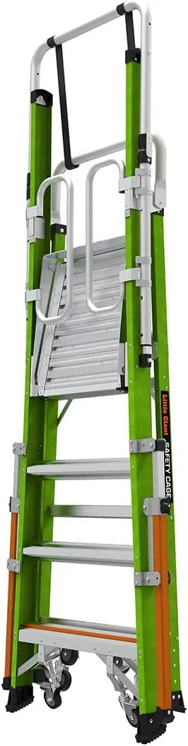 Little Giant Ladders Little Giant Ladder Systems Safety Cage 2.0, M4, 4ft Enclosed Platform, Ladder with Adjustable Outriggers, Fiberglass, Type 1AA, 375 lbs Weight Rating, (19704-146), Hi-viz Green