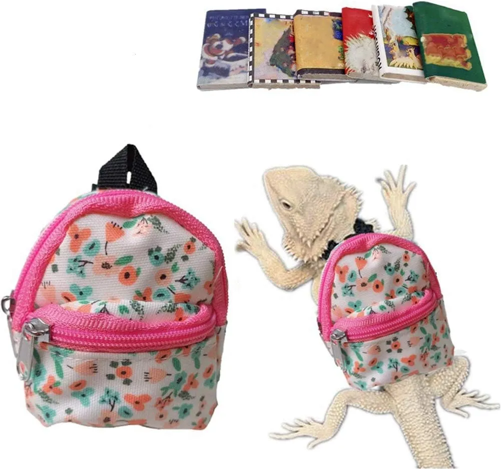 Lizard backpack for Bearded Dragons School Bag & Books Set Reptile Apparel Accessories Handmade Photo Party Back to School Supplies for Lizard Bearded Dragon Crested Gecko Chameleon (Flower)