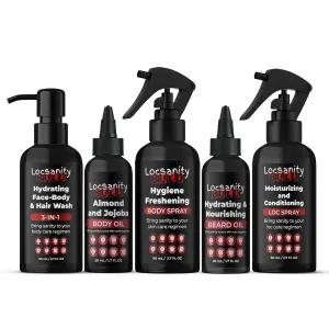 Locsanity Organic Men’s Hair & Beard Care Travel Kit - 3-in-1 Body Wash, Body Oil, Beard Oil, Body Spray, Loc Moisturizer for Moisturizing, Refreshing, and Smooth Skin & Hair