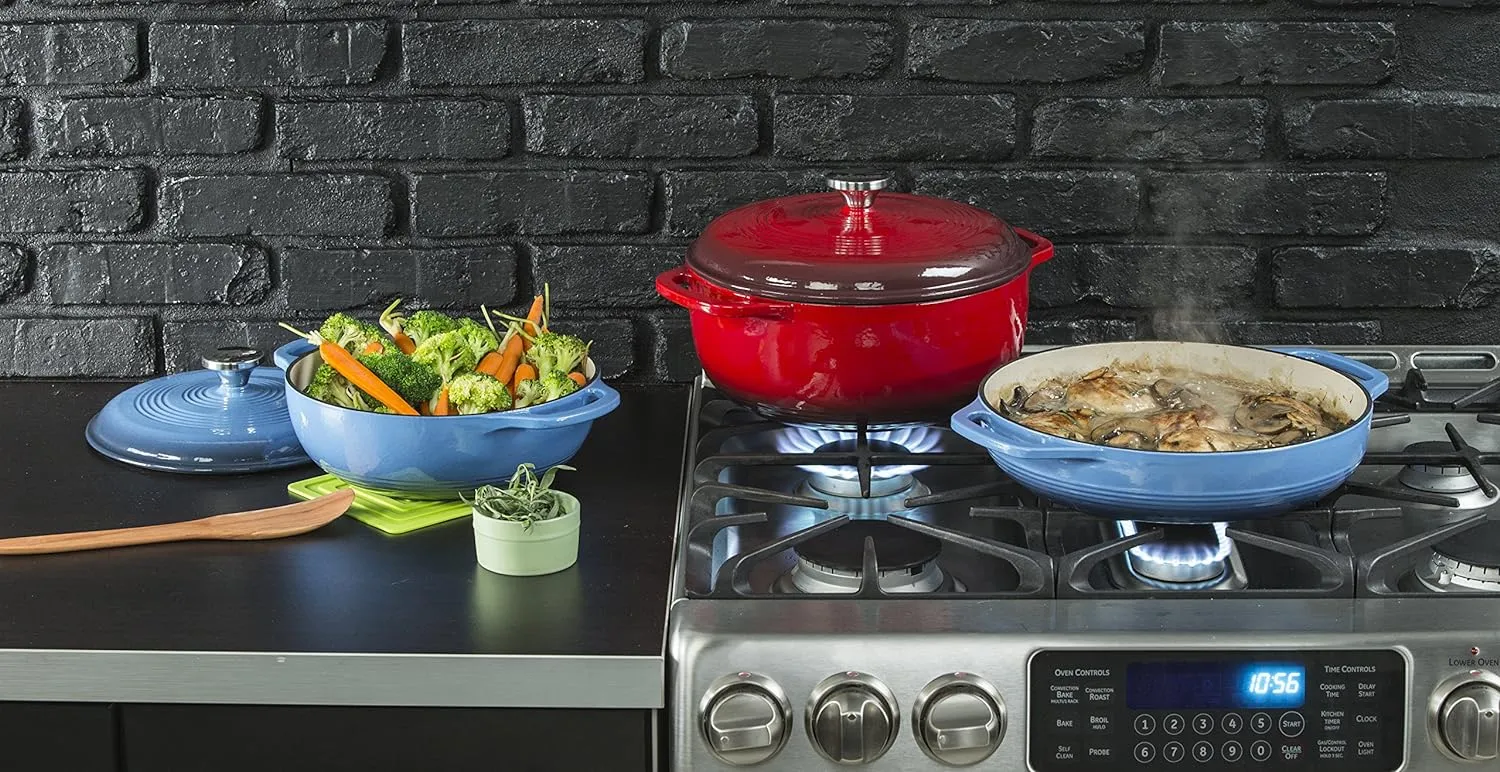 Lodge 3 Quart Enameled Cast Iron Dutch Oven with Lid – Dual Handles – Oven Safe up to 500° F or on Stovetop - Use to Marinate, Cook, Bake, Refrigerate and Serve – Caribbean Blue