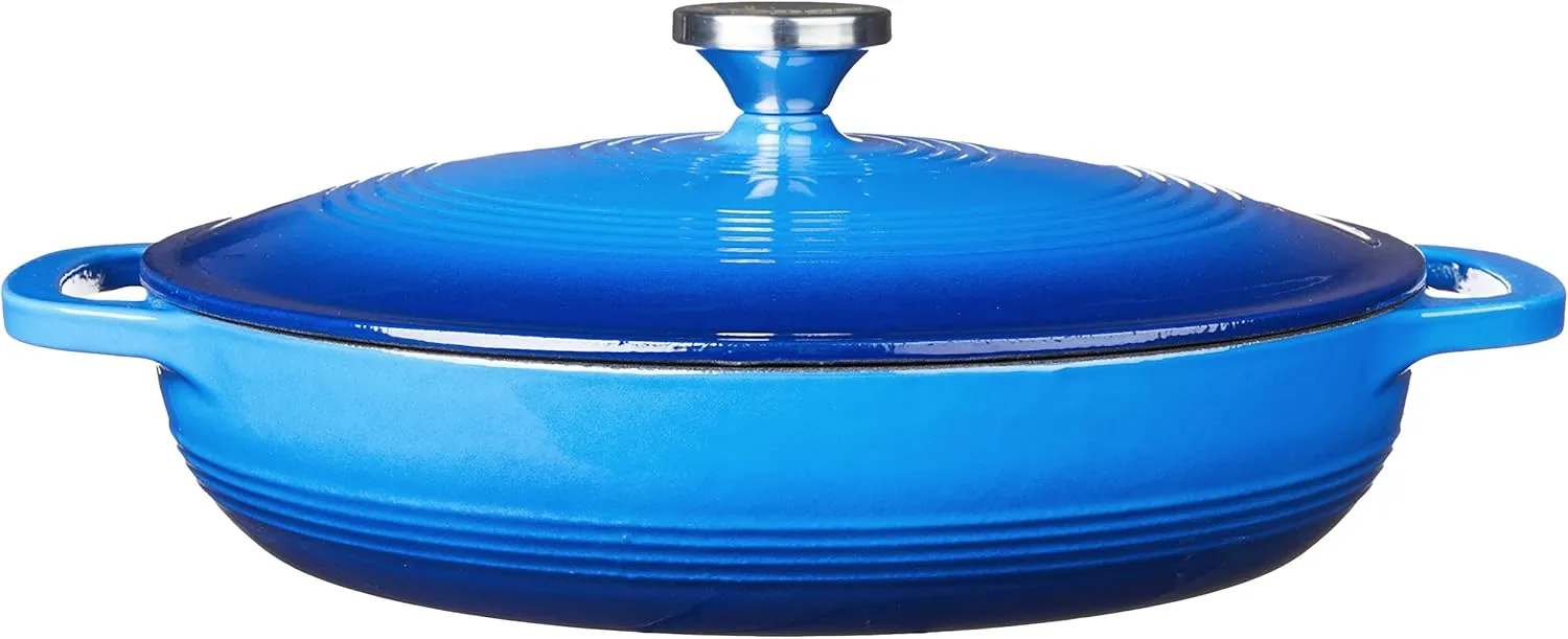 Lodge 3.6 Quart Enameled Cast Iron Oval Casserole With Lid – Dual Handles – Oven Safe up to 500° F or on Stovetop - Use to Marinate, Cook, Bake, Refrigerate and Serve – Caribbean Blue