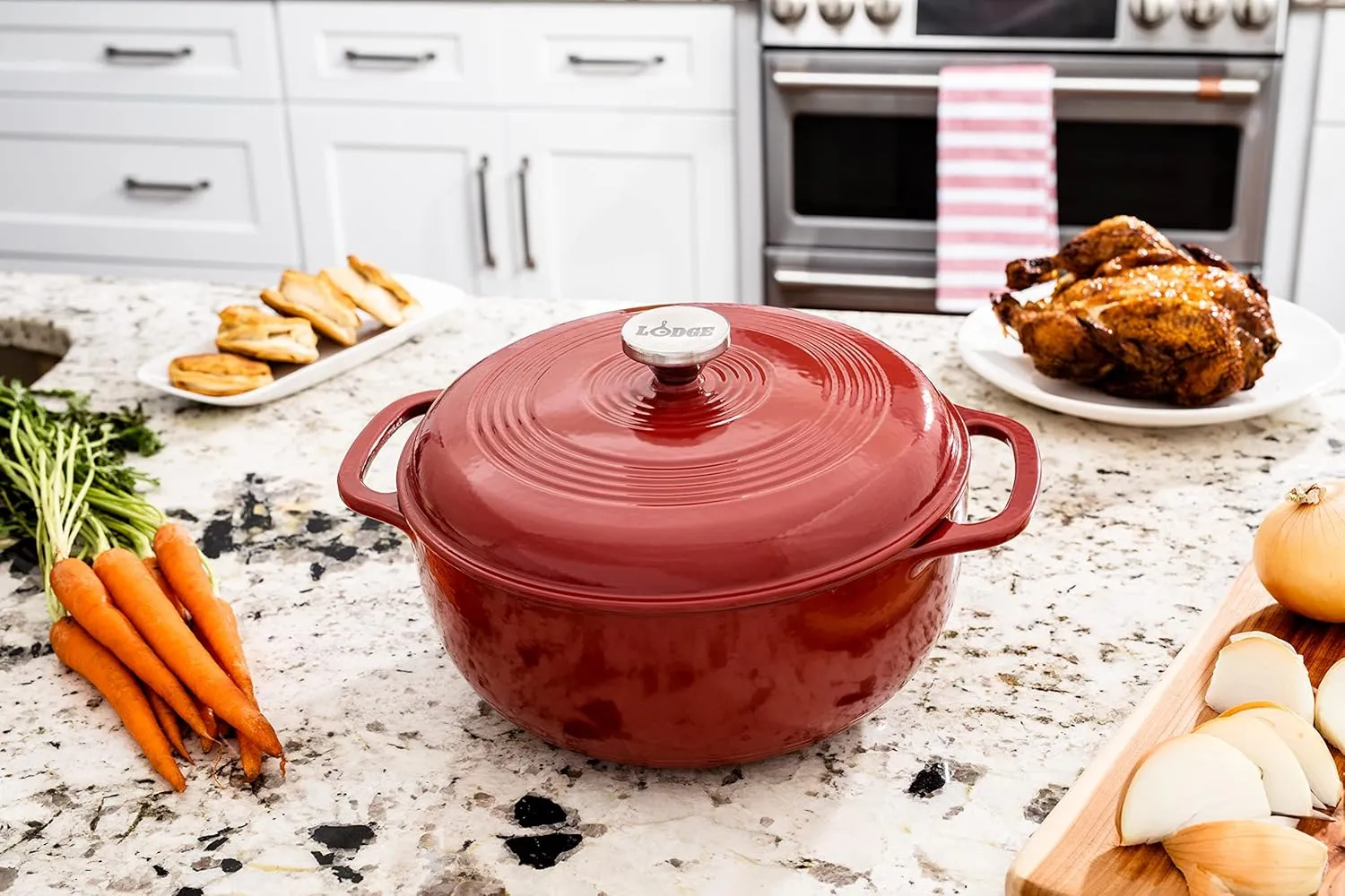 Lodge 6 Quart Enameled Cast Iron Dutch Oven with Lid – Dual Handles – Oven Safe up to 500° F or on Stovetop - Use to Marinate, Cook, Bake, Refrigerate and Serve – Cranberry