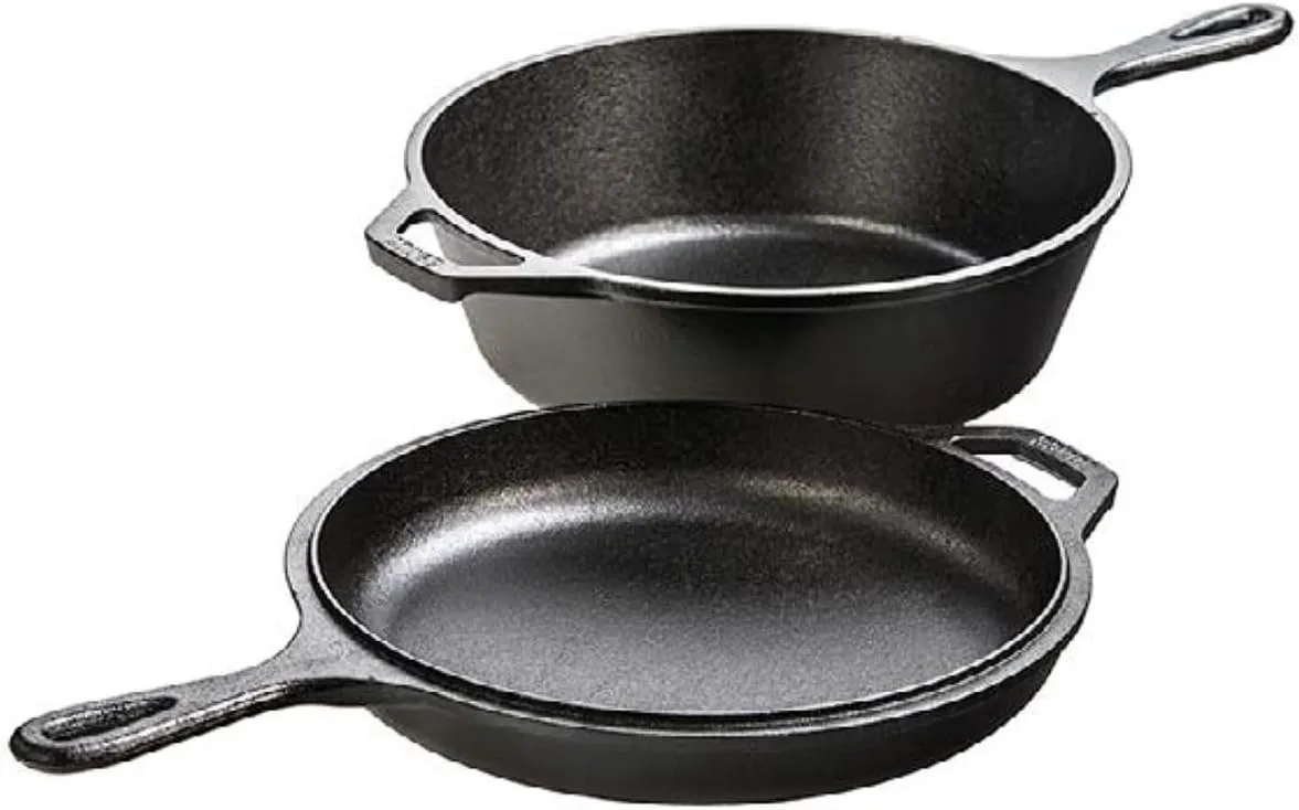 Lodge Pre-Seasoned 2-in-1 Cast Iron Combo Cooker - 3.2 Quart Deep Pot Cooker   10.25 Inch Frying Pan - Use in the Oven, on the Stove, Grill, or Over a Campfire - Use to Sear, Sauté, Broil, Fry- Black