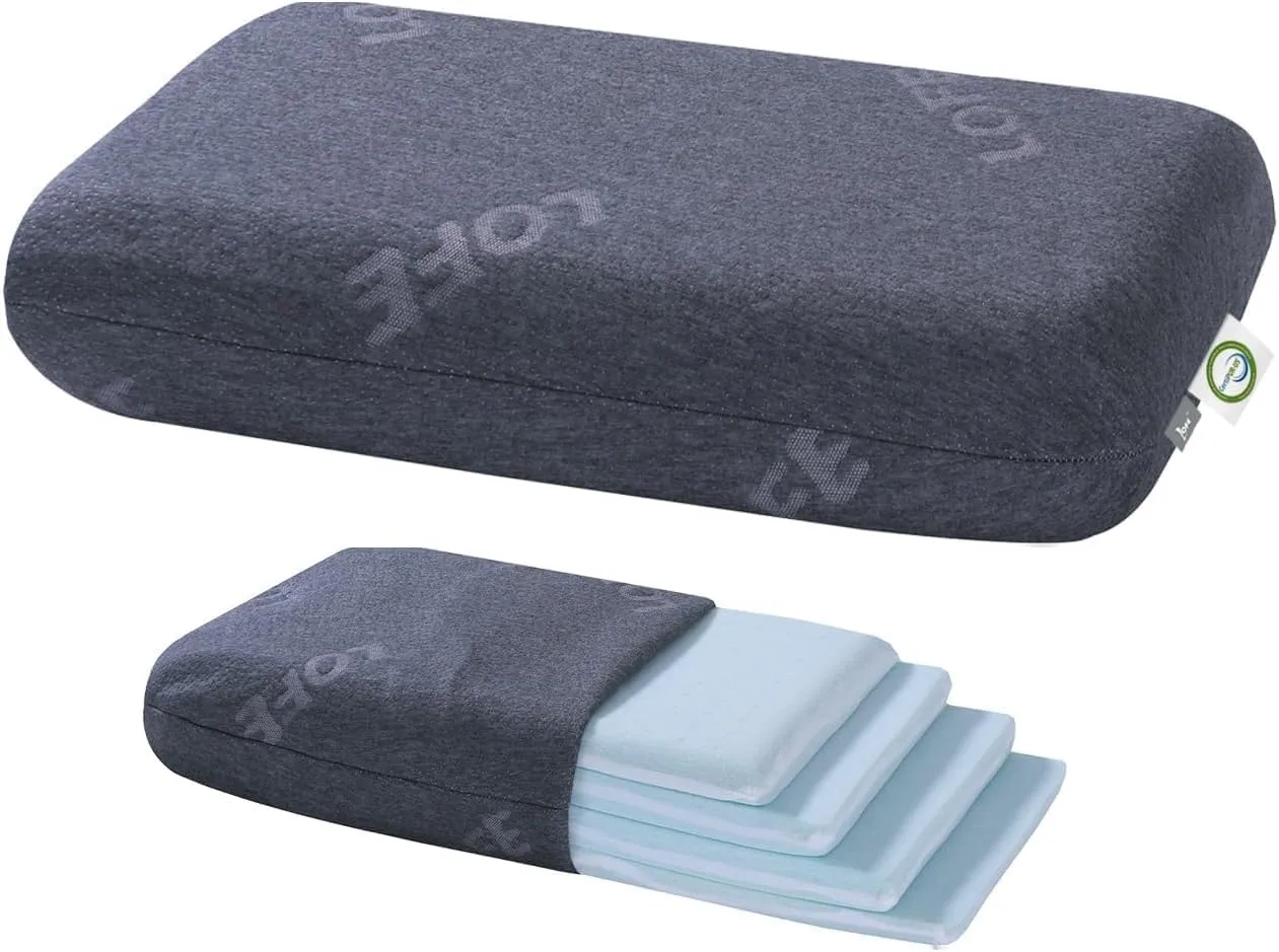 LOFE Adjustable Thin Memory Foam Pillow - 4 Heights from 1.2 to 4.8in, Cervical Pillow for Neck Pain Relief, CertiPUR-US Neck Support Pillow for Side Sleepers, Back/Stomach Sleepers, a Removable Cover