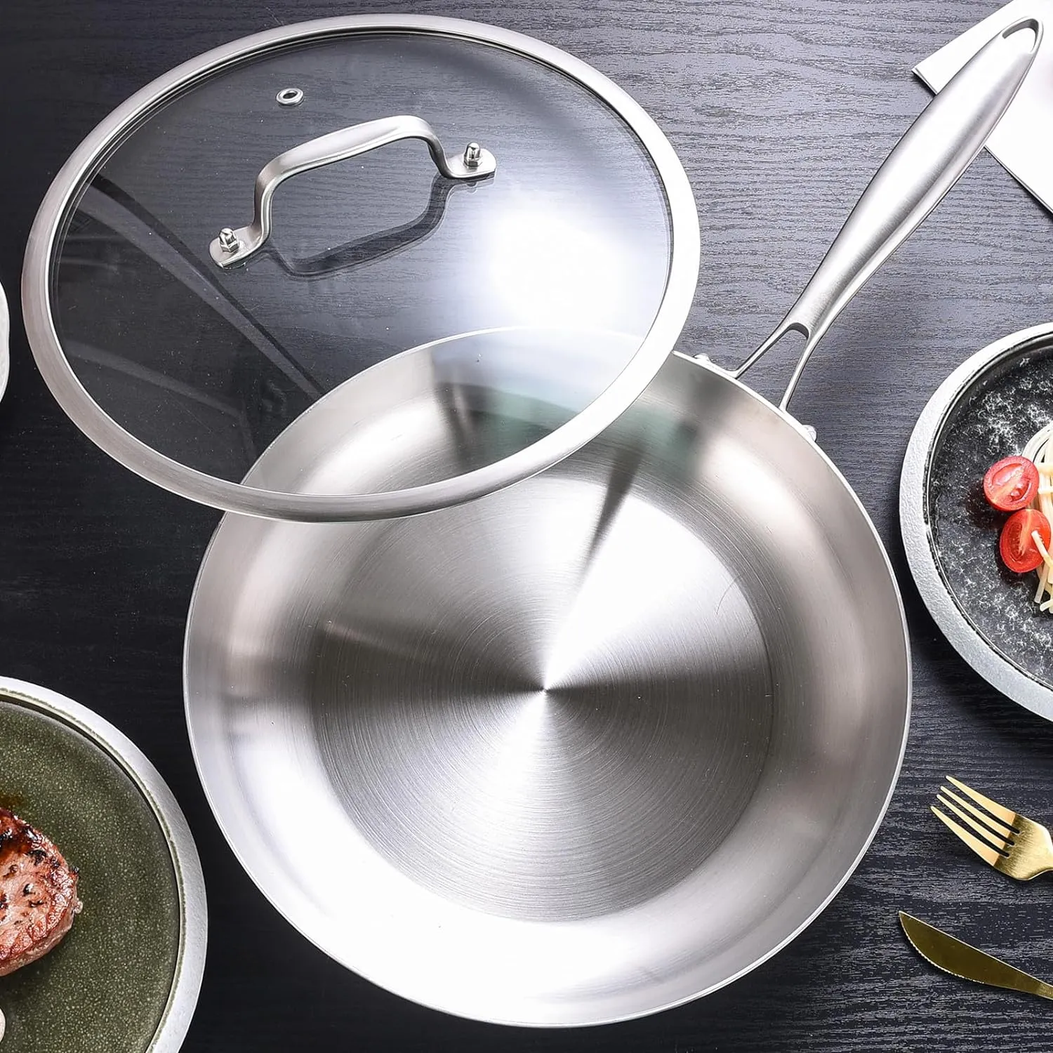 LOLYKITCH 10-12 Inch Tri-ply Stainless Steel Frying Pan Set with Lids,Skillets,Induction Cookware Set,Dishwasher and Oven Safe,Detachable Handle