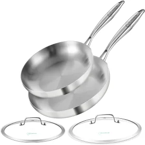 LOLYKITCH 10-12 Inch Tri-ply Stainless Steel Frying Pan Set with Lids,Skillets,Induction Cookware Set,Dishwasher and Oven Safe,Detachable Handle