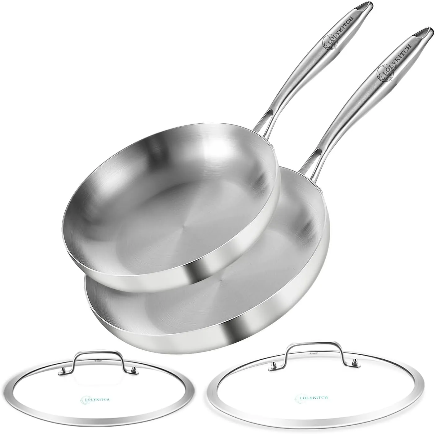 LOLYKITCH 10-12 Inch Tri-ply Stainless Steel Frying Pan Set with Lids,Skillets,Induction Cookware Set,Dishwasher and Oven Safe,Detachable Handle