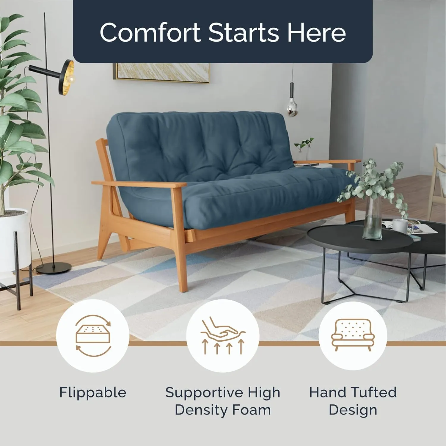 Loosh Home | 10" Full Size Futon Sofa Bed Memory Foam Mattress - USA Made, Mineral Blue, No Frame