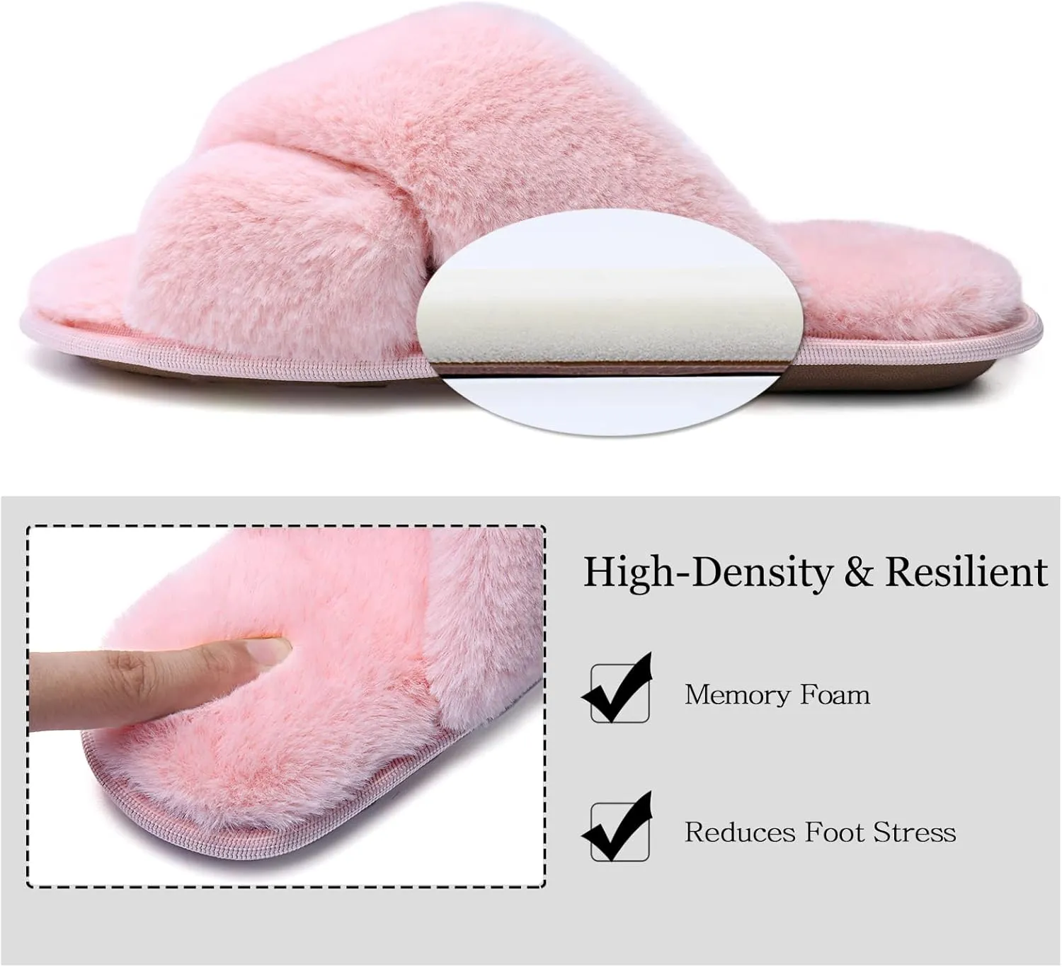 LORDFON Women's Memory Foam Cross Band House Slippers,Soft Furry Cozy Slip On Open Toe Indoor Home Slippers for Women,Comfy Fluffy Fuzzy Women's Bedroom Scuff Slippers Non-Slip