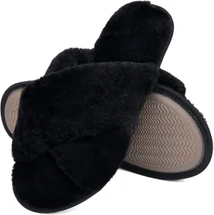 LORDFON Women's Memory Foam Cross Band House Slippers,Soft Furry Cozy Slip On Open Toe Indoor Home Slippers for Women,Comfy Fluffy Fuzzy Women's Bedroom Scuff Slippers Non-Slip