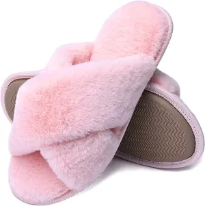 LORDFON Women's Memory Foam Cross Band House Slippers,Soft Furry Cozy Slip On Open Toe Indoor Home Slippers for Women,Comfy Fluffy Fuzzy Women's Bedroom Scuff Slippers Non-Slip