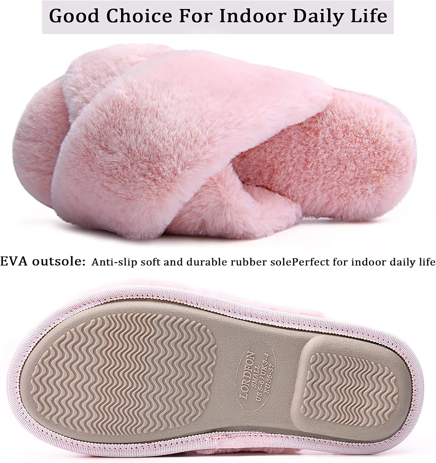 LORDFON Women's Memory Foam Cross Band House Slippers,Soft Furry Cozy Slip On Open Toe Indoor Home Slippers for Women,Comfy Fluffy Fuzzy Women's Bedroom Scuff Slippers Non-Slip