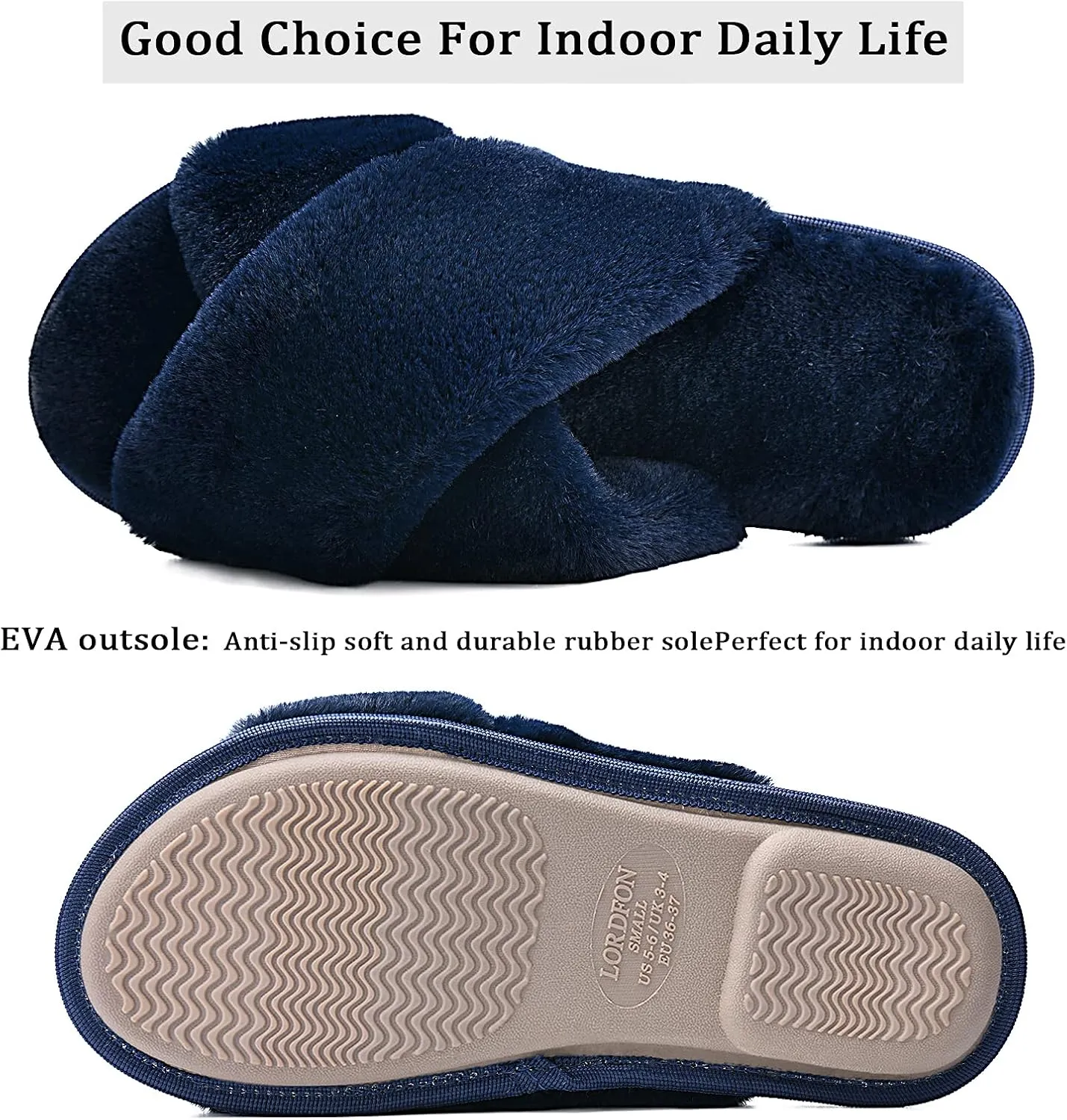 LORDFON Women's Memory Foam Cross Band House Slippers,Soft Furry Cozy Slip On Open Toe Indoor Home Slippers for Women,Comfy Fluffy Fuzzy Women's Bedroom Scuff Slippers Non-Slip