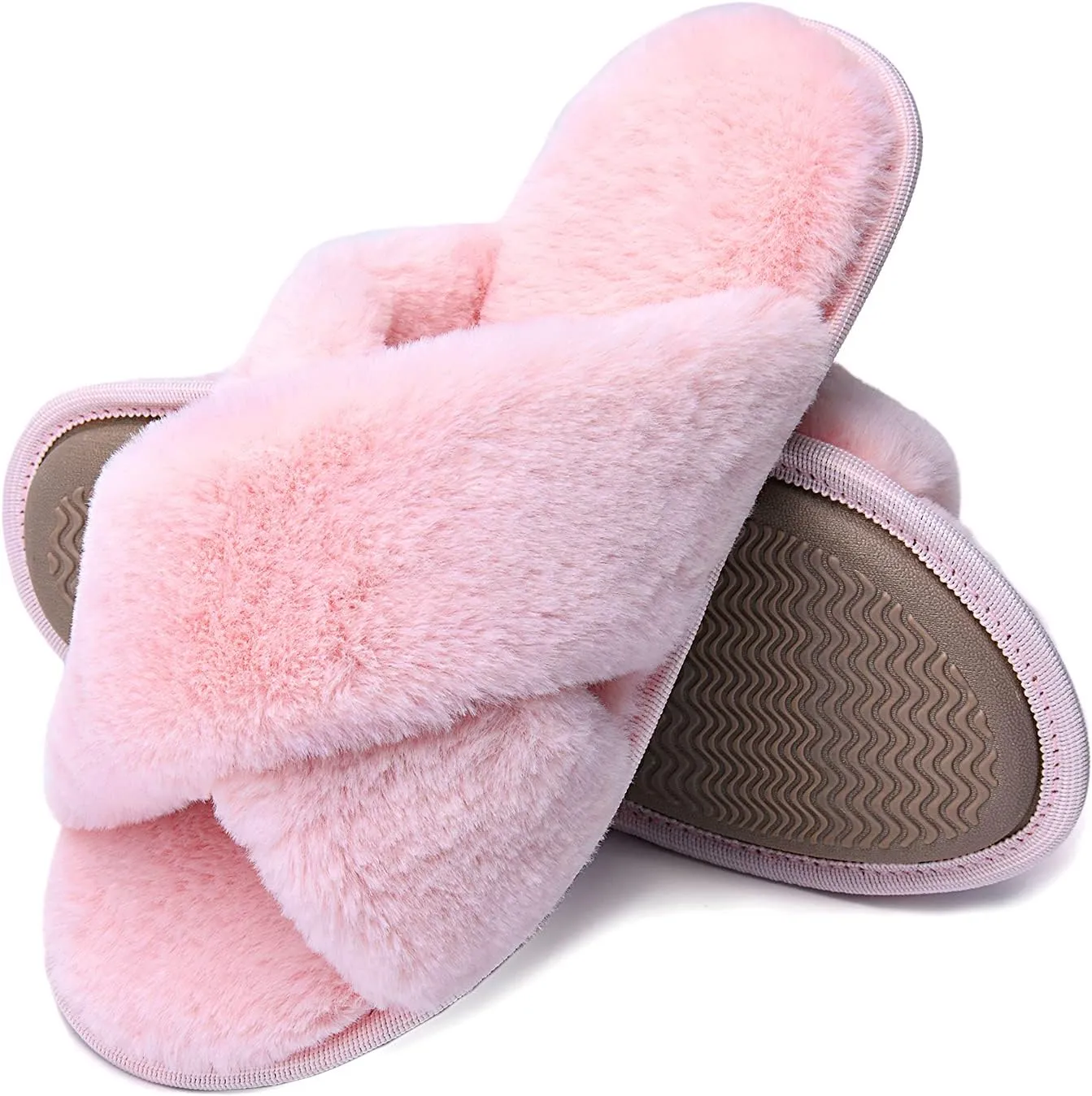 LORDFON Women's Memory Foam Cross Band House Slippers,Soft Furry Cozy Slip On Open Toe Indoor Home Slippers for Women,Comfy Fluffy Fuzzy Women's Bedroom Scuff Slippers Non-Slip