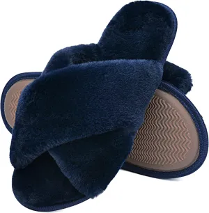 LORDFON Women's Memory Foam Cross Band House Slippers,Soft Furry Cozy Slip On Open Toe Indoor Home Slippers for Women,Comfy Fluffy Fuzzy Women's Bedroom Scuff Slippers Non-Slip